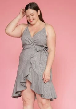 Asoph Plus Size Ruffle Hem Wrap Gingham Dress