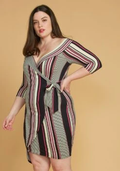Plus Size Stripe Wrap Midi Dress -FemiLook Sales Store 2005449 187 2