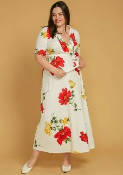 Asoph Plus Size Short Sleeve Floral Wrap Maxi Dress