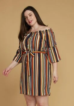 Asoph Plus Size Stripe Off Shoulder Casual Dress -FemiLook Sales Store 2005579 125 2