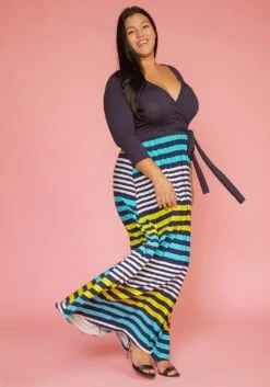 Plus Size Multi Stripe Contrast Wrap Dress -FemiLook Sales Store 2005596 105 3