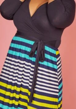 Plus Size Multi Stripe Contrast Wrap Dress -FemiLook Sales Store 2005596 105 4