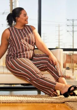 Pleione Plus Size Multi Stripe Printed Wide Leg Pants