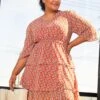 Pleione Plus Size Womens Red Floral Tier Layered Chiffon Dress -FemiLook Sales Store 2006704 110 1