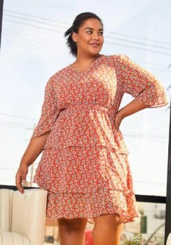 Pleione Plus Size Womens Red Floral Tier Layered Chiffon Dress