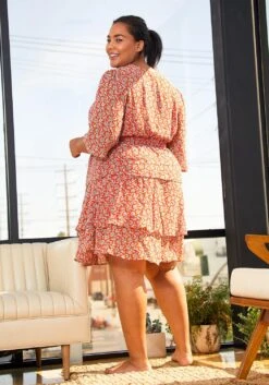Pleione Plus Size Womens Red Floral Tier Layered Chiffon Dress -FemiLook Sales Store 2006704 110 3