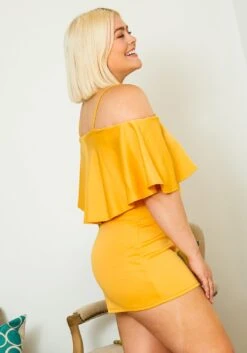 Asoph Plus Size Womens Off Shoulder Yellow Layered Ruffle Romper -FemiLook Sales Store 2008565 105 2