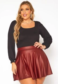 Plus Size Faux Leather High Waist Circle Skirt -FemiLook Sales Store 2010402 111 0