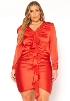 Asoph Plus Size Satin Waterfall Drape Long Sleeve Mini Dress -FemiLook Sales Store 2011254 120 0