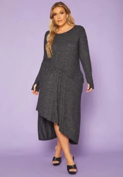 Plus Size Asymmetric Long Sleeve Midi Dress
