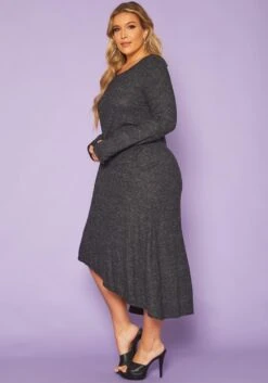 Plus Size Asymmetric Long Sleeve Midi Dress -FemiLook Sales Store 2011582 108 2