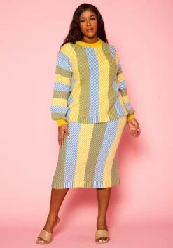 Pleione Plus Size Multi Stripe Midi Knit Skirt -FemiLook Sales Store 2012143 105 6