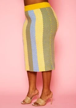 Pleione Plus Size Multi Stripe Midi Knit Skirt -FemiLook Sales Store 2012143 105 8