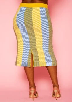 Pleione Plus Size Multi Stripe Midi Knit Skirt -FemiLook Sales Store 2012143 105 9
