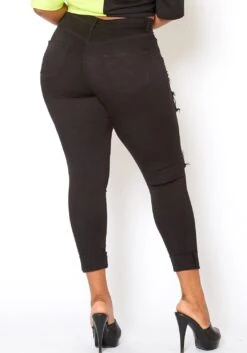 Vibrant Plus Size Stripe Distressed Black Denim Skinny Jean -FemiLook Sales Store 2013643 001 3