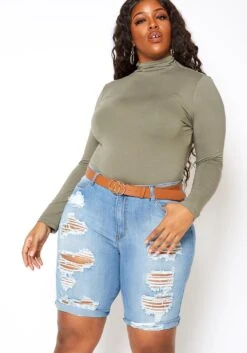 Vibrant Light Wash Distressed Bermuda Plus Size Shorts