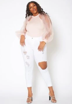 Vibrant Plus Size Womens Mid Rise Front Distressed Skinny Jeans -FemiLook Sales Store 2013656 002 1