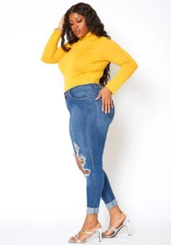 Vibrant Plus Size Knee Destroyed Mid Waist Jean -FemiLook Sales Store 2013658 938 1