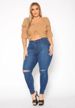 Vibrant Plus Size Medium Washed Knee Rip Denim Jean