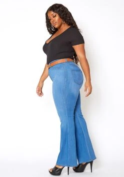 Vibrant Plus Size Basic Blue Washed Flared Hem Jean -FemiLook Sales Store 2013665 938 2