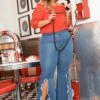 Vibrant Plus Size Blue Washed 90s Bell Bottom Fringe Slit Jean -FemiLook Sales Store 2013674 938 7