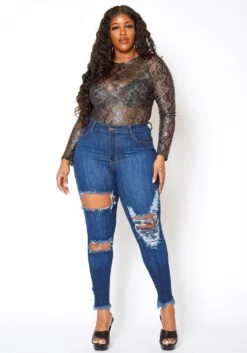 Vibrant Plus Size Front & Back Distress Hem Jean