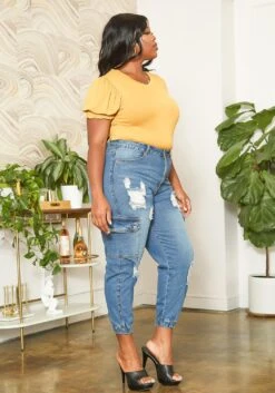 Asoph Plus Size Distressed Denim Cargo Mom Jeans -FemiLook Sales Store 2014689 003 2