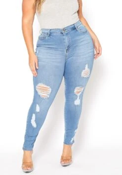 Vibrant Plus Size Light Denim Distressed Skinny Ankle Jeans -FemiLook Sales Store 2015372 938 2