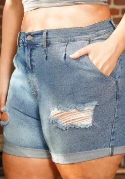 Vibrant Plus Size Light Denim Distressed Shorts -FemiLook Sales Store 2016040 938 5
