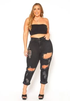 Vibrant Plus Size Distressed Raw Hem Mom Jeans -FemiLook Sales Store 2016129 001 1