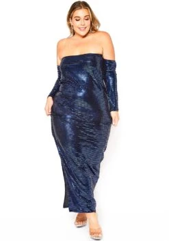 Asoph Plus Size Blue Metallic Off Shoulder Maxi Dress