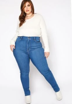 Vibrant Plus Size High Waisted Blue Wash Skinny Denim Jean