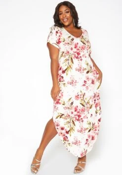 Asoph Plus Size Spring Floral Print Tee Shirt Maxi Dress