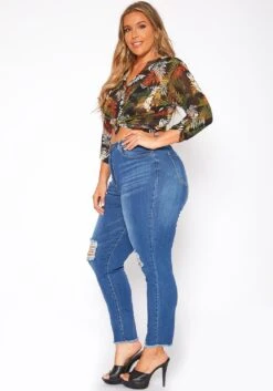 Asoph Plus Size Distressed Blue Wash High Waist Skinny Denim Jeans -FemiLook Sales Store 2017458 185 2