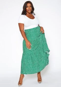 Asoph Plus Size Dainty Floral Print Maxi Flare Skirt