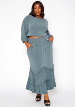 Asoph Plus Size Ruffle Trim Knit Maxi Skirt
