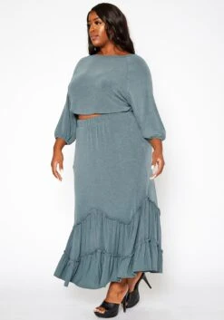 Asoph Plus Size Ruffle Trim Knit Maxi Skirt -FemiLook Sales Store 2018206 161 2