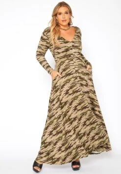 Asoph Plus Size Camo Print Fit & Flare Maxi Dress