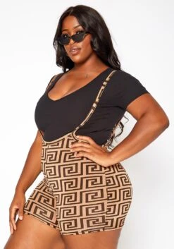 Asoph Plus Size Greek Key Print Overall Shorts -FemiLook Sales Store 2018319 106 2