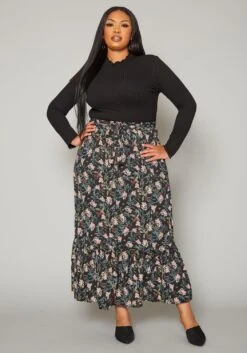 Plus Size Floral Pattern Flare Maxi Skirt