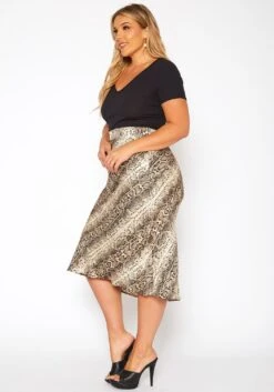 Asoph Plus Size Snakeskin Print Satin Midi Skirt -FemiLook Sales Store 2018593 388 2