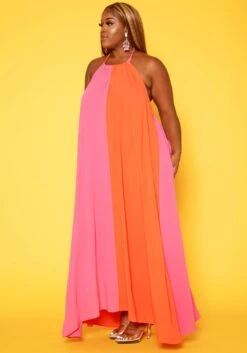 Plus Size Color Splice Flare Maxi Dress -FemiLook Sales Store 2018762 128 2