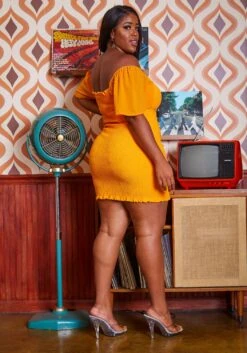 Plus Size Smocked Drawstring Off Shoulder Mini Dress -FemiLook Sales Store 2018997 109 2