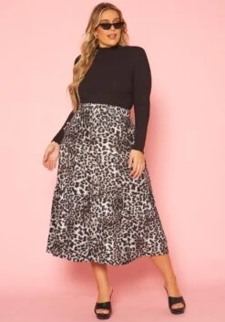 Plus Size Leopard Print Flare Maxi Skirt -FemiLook Sales Store 2019260 107 1