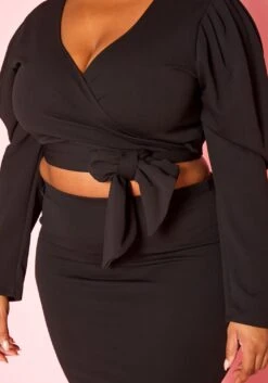 Plus Size Long Sleeve Wrap Blouse & Pencil Skirt Set -FemiLook Sales Store 2019332 001 4