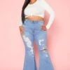 Vibrant Plus Size Distressed Raw Cut Bell Bottom Denim Jean -FemiLook Sales Store 2019585 938 1
