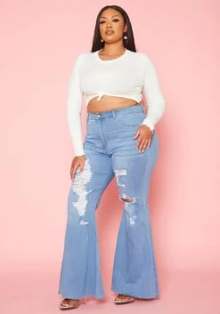 Vibrant Plus Size Distressed Raw Cut Bell Bottom Denim Jean -FemiLook Sales Store 2019585 938 2