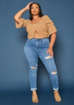 Vibrant Plus Size Distressed Mid Rise Skinny Jean