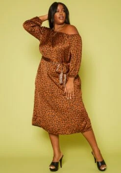Plus Size Leopard Print Belted Satin Midi Dress