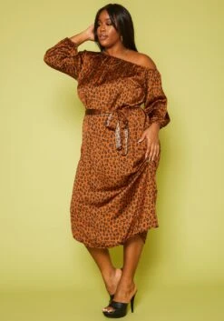 Plus Size Leopard Print Belted Satin Midi Dress -FemiLook Sales Store 2019623 106 2